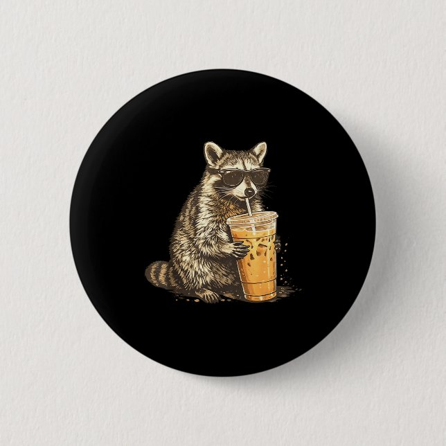 Bóton Redondo 5.08cm Funny raccoon drinking iced coffee animal meme men (Frente)