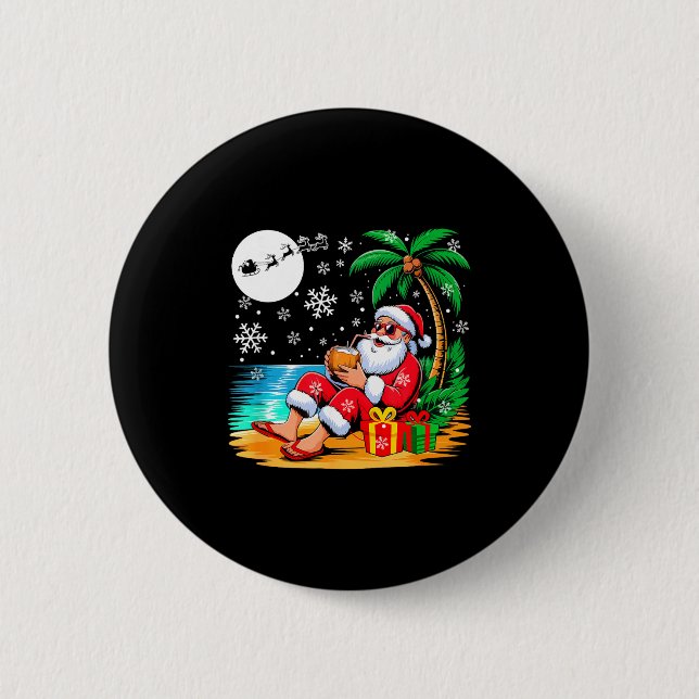 Bóton Redondo 5.08cm Funny Santa Sungles Drinking Coconut On Beach Chri (Frente)