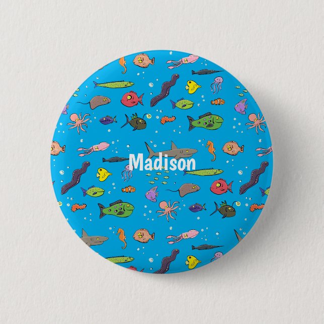Bóton Redondo 5.08cm Funny sea creatures cartoon illustration pattern (Frente)