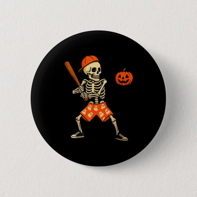 Bóton Redondo 5.08cm Funny Skeleton Baseball Batting Halloween Costume  (Frente)