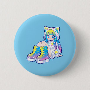 Bóton Redondo 5.08cm Garota Kawaii de Arco-Íris com Orelhas de Gato