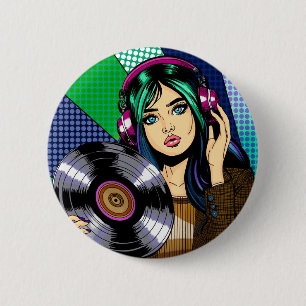 Bóton Redondo 5.08cm Garota Pop Art com Disco