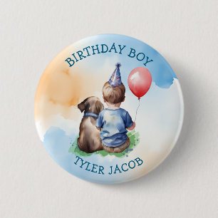 Bóton Redondo 5.08cm Garoto de Aniversário Personalizado Cãozinho e B