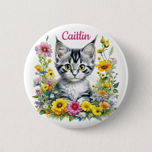 Bóton Redondo 5.08cm Gatinho Aquarela em Flores Amarelas Personalizado (Frente)