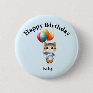Bóton Redondo 5.08cm Gatinho com Balões de Aniversário   Celebração de 