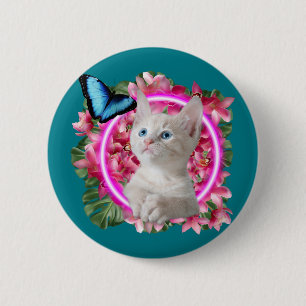 Bóton Redondo 5.08cm Gatinho Gelado com borboleta azul em neon tropical