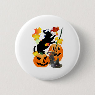 Bóton Redondo 5.08cm Gatinho Negro Halloween Batendo Folhas Bonito