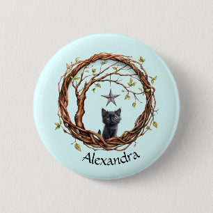 Bóton Redondo 5.08cm Gatinho Preto Bonito Observando uma Estrela