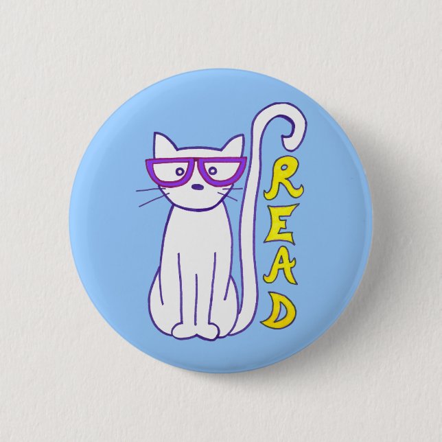 Bóton Redondo 5.08cm Gato branco com óculos roxos com sinal de leitura (Frente)