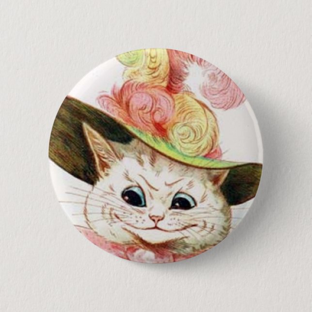 Bóton Redondo 5.08cm Gato branco de sorriso com chapéu (Frente)