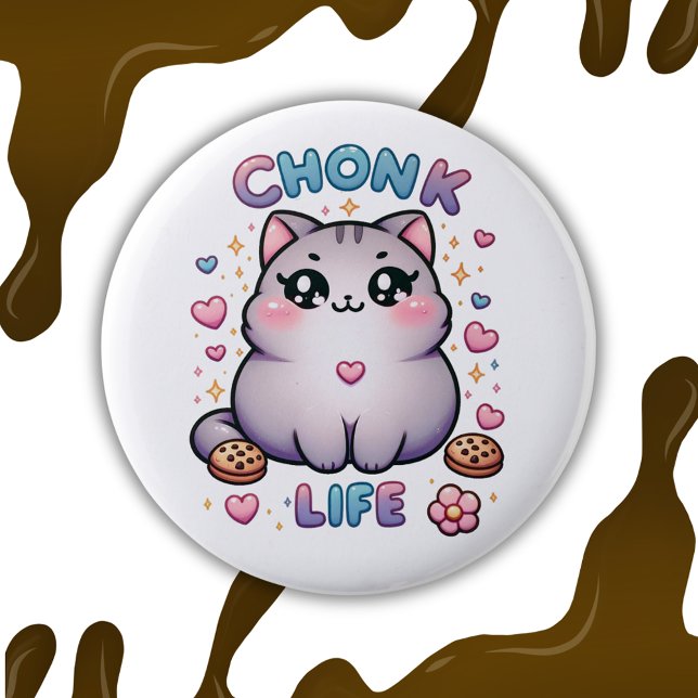 Bóton Redondo 5.08cm Gato CINCO LIFE CAT - Estilo Kawaii (chonk, chonky, chonky cat, kawaii, cute, cookies, chocolate chip cookies, pin, pink, kitty, kitteh)