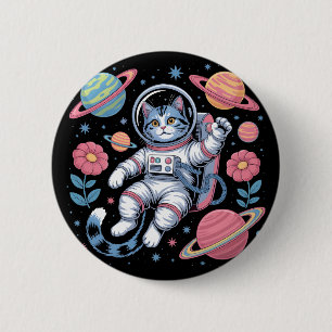 Bóton Redondo 5.08cm Gato Cósmico Astronauta no Vaporwave Espacial Neon