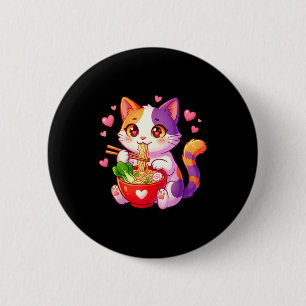 Bóton Redondo 5.08cm Gato de Anime Comendo Macarrão Ramen Com Corações 