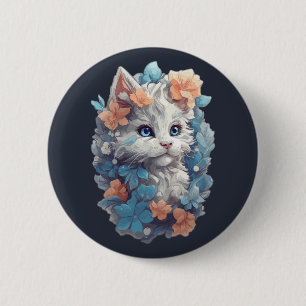 Bóton Redondo 5.08cm Gato de Gato de Gato Floral Branco Bonito