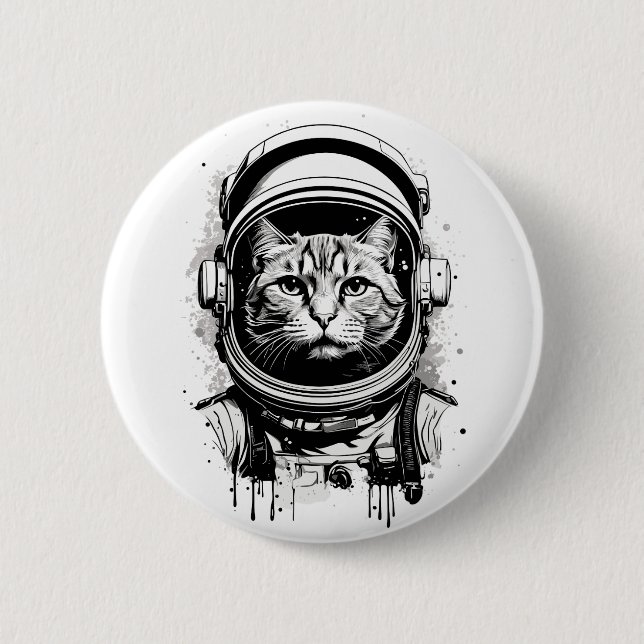 Bóton Redondo 5.08cm Gato do Astronauta Negro e Branco (Frente)