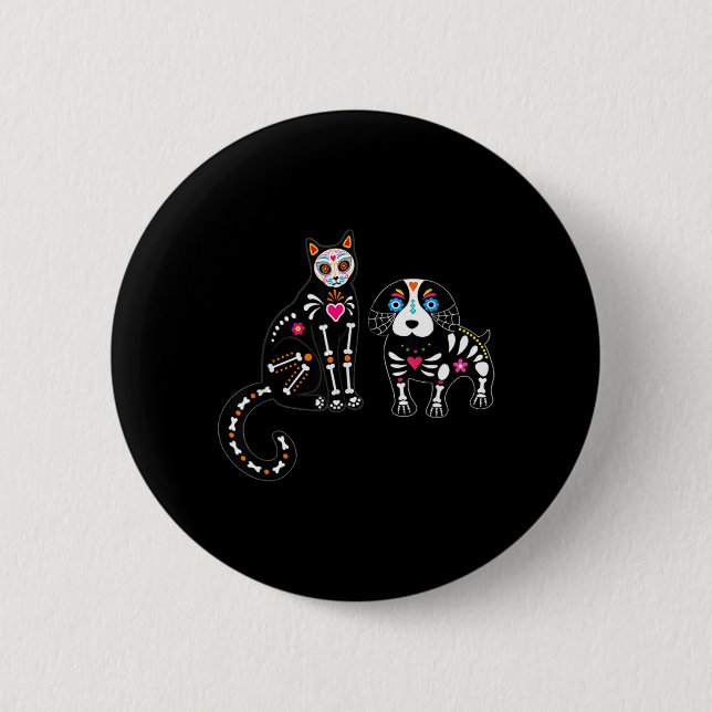 Bóton Redondo 5.08cm Gato e Cachorro de Crânio de Açúcar Funny Hallowee (Frente)