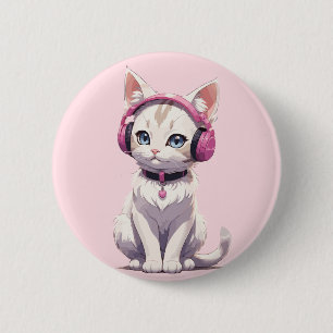 Bóton Redondo 5.08cm Gato Elegante em Tendências de Fone de Ouvido