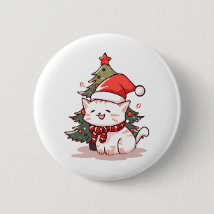 Bóton Redondo 5.08cm Gato fofo vestindo chapéu de Papai Noel perto da á