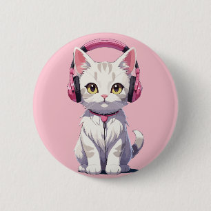 Bóton Redondo 5.08cm Gato Kawaii com Fones de Ouvido