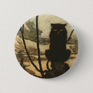 Bóton Redondo 5.08cm Gato Preto de Halloween Assustador Vintage Rackham