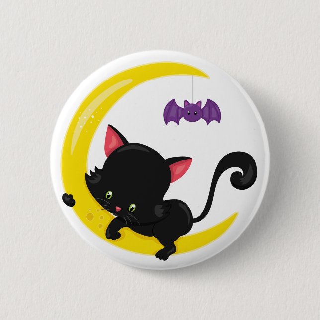 Bóton Redondo 5.08cm Gato preto de Halloween e Morcego na Lua Crescente (Frente)