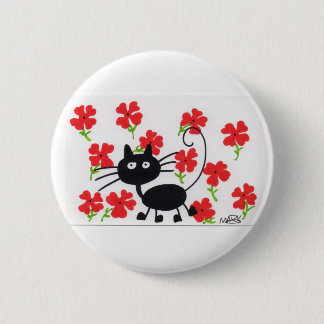 Bóton Redondo 5.08cm Gato preto dos desenhos animados e flores