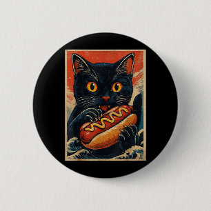 Bóton Redondo 5.08cm Gato Preto Engraçado Comendo Cachorro Quente Japon