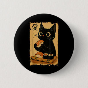 Bóton Redondo 5.08cm Gato Preto Fofo Kawaii Comendo Sushi Japonês Engra