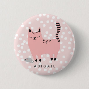 Bóton Redondo 5.08cm Gato Rosa e Polkadots - Raparigas Personalizadas