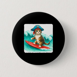 Bóton Redondo 5.08cm Gato Surfista Com Chapéu de Pirata na Prancha de S