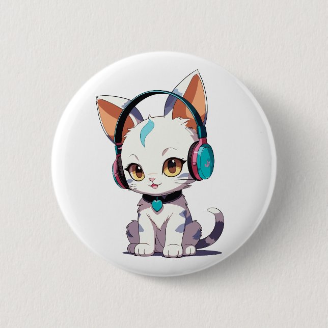 Bóton Redondo 5.08cm Gatos bonitos com Fones de ouvido (Frente)