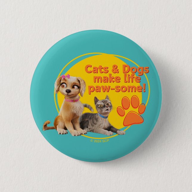 Bóton Redondo 5.08cm Gatos e Cachorros Fazem Vida Paw-some! (Frente)