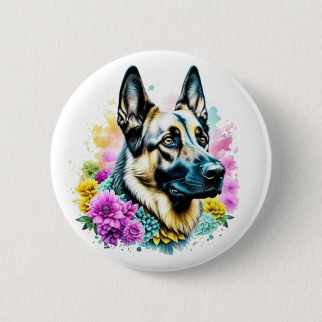 Bóton Redondo 5.08cm German shepherd e Flores ai art (Frente)
