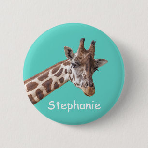 Bóton Redondo 5.08cm Giraffe Animal Photo on Teal Personalized Name