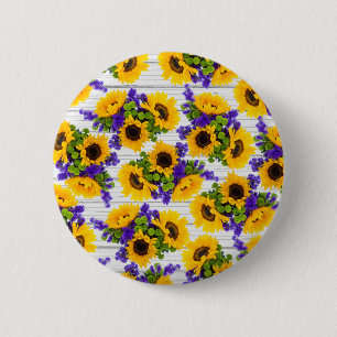Bóton Redondo 5.08cm Girassol amarelo roxo de madeira branco rústico d
