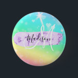 Bóton Redondo 5.08cm Girly Colorful Unicorn Rainbow Hearts Monogram<br><div class="desc">Girly and cute button with a colorful aqua,  turquoise,  blue,  green,  yellow,  pink and peach unicorn rainbow hearts sparkly background. Your custom name and monogram are written in an elegant hand lettered script with a lilac purple unicorn paint brush strokes stripe background. A perfect birthday or Christmas gift!</div>