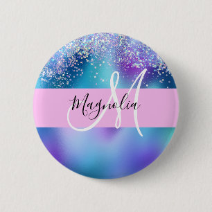 Bóton Redondo 5.08cm Glam Holográfico Sereia Brilho Faísca Monograma