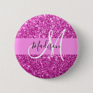 Bóton Redondo 5.08cm Glam Rosa e Glitter Magenta Brilho Monograma Nome