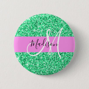 Bóton Redondo 5.08cm Glam Rosa e Verde Brilho Faíscas Monograma Nome