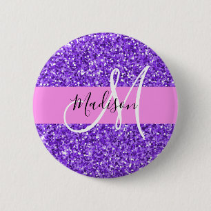 Bóton Redondo 5.08cm Glam Roxo & Brilho Glitter Monograma Nome
