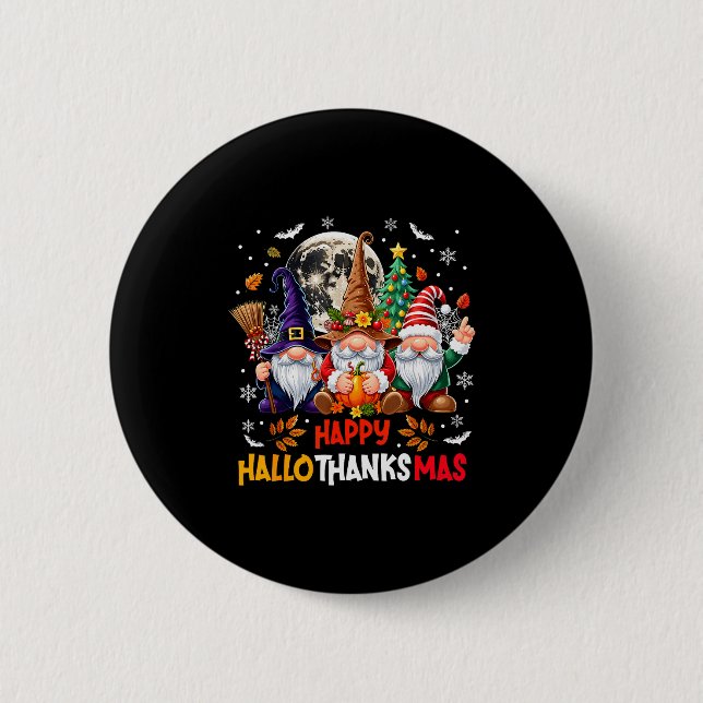 Bóton Redondo 5.08cm Gnome Hallothanksmas Halloween Thanksgiving Christ (Frente)