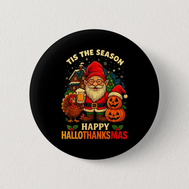 Bóton Redondo 5.08cm Gnome Happy Hallothanksmas Shirt Halloween Thanksg (Frente)