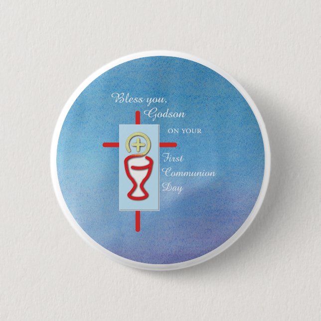 Bóton Redondo 5.08cm Godson, Primeira Comunhão, Azul (Frente)