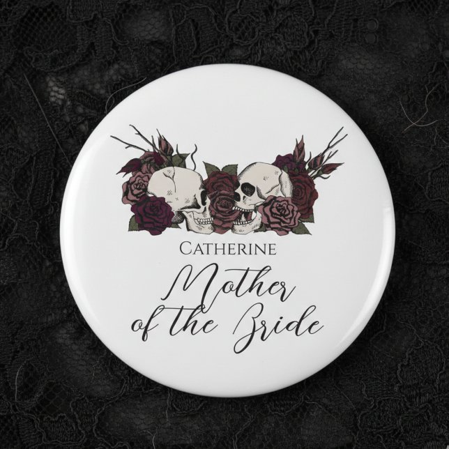 Bóton Redondo 5.08cm Gothic Skull & Rose Wedding Party (Elegant Gothic Wedding Buttons for Mother of the Bride or Bridesmaid. Gothic Wedding Party Buttons)