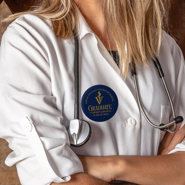 Bóton Redondo 5.08cm Graduação da Escola Veterinária Dourada Azul de Ma (Criador carregado)