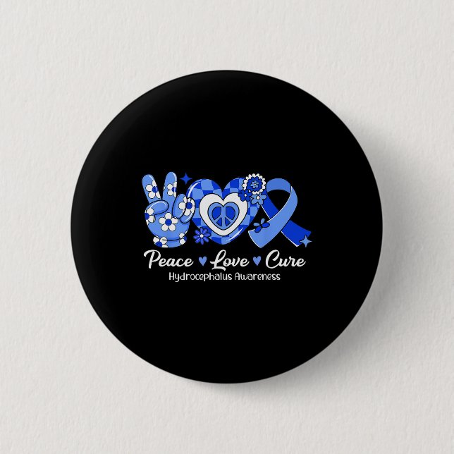 Bóton Redondo 5.08cm Groovy Peace Love Cure Blue Ribbon Hydrocephalus A (Frente)