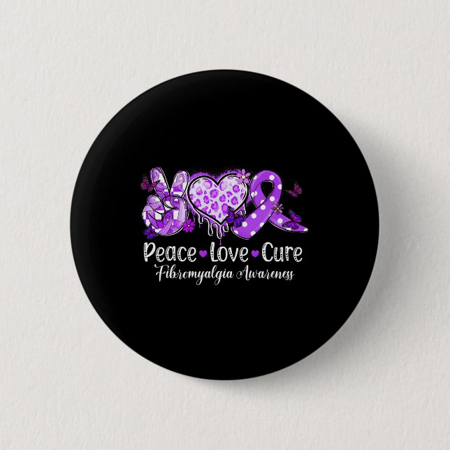 Bóton Redondo 5.08cm Groovy Peace Love Cure Purple Ribbon Fibromialgia (Frente)
