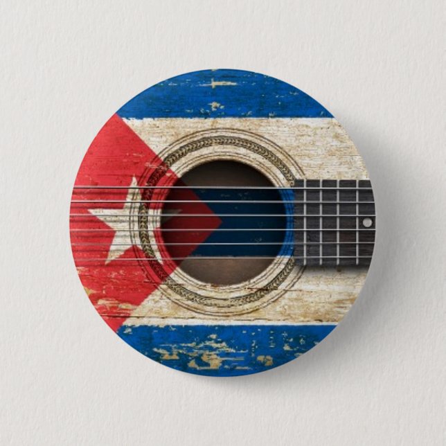 Bóton Redondo 5.08cm Guitarra acústica velha com bandeira cubana (Frente)