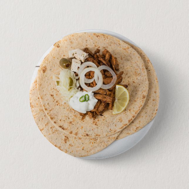 Bóton Redondo 5.08cm Gyros pita com tzatziki coleslaw azeitonas e feta (Frente)