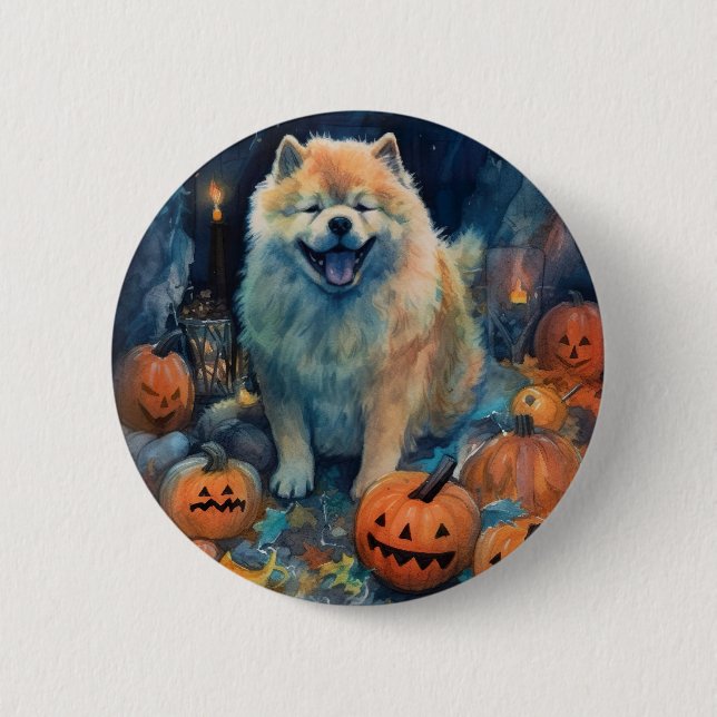 Bóton Redondo 5.08cm Halloween Chow Chow Com Pumpkins Assustado (Frente)